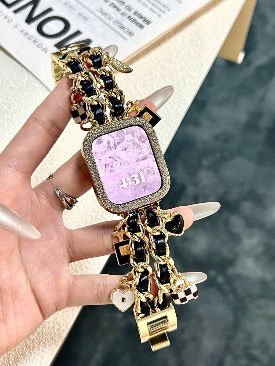 1 件时尚 表带金属双链吊坠表带,适合女士,兼容 Ultra1/2/3 SE 系列 11/10/9/8/7/SE/6/5/4/3/2/1,38 毫米 40 毫米 41 毫米 42 毫米 44 毫米 45 毫米 46 毫米 49 毫米,适合她手链腕带的智能表带,送给女朋友的礼物,可调节 表带(仅表带) - 金色 - 查看 1