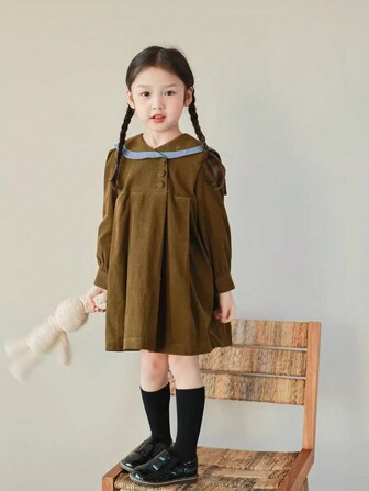 Girls Colorblock Corduroy Collar Corduroy Mini Dress, Cute And Sweet Style For Autumn/Winter
