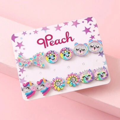 12pcs/Set Cartoon Unicorn, Crown, Cat, Butterfly Stud Earrings For Girls