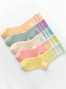 5 Pairs Girls" Colorful Striped Socks With Lovely Heart Pattern; Warm, Versatile And Perfect For Daily Wear And Casual Sports - Multicolor - View 9