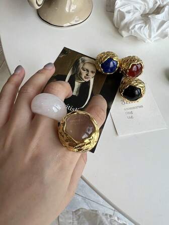 1 件复古独特高端设计时尚夸张天然石黑玛瑙、青金石、白水晶、熔岩石开口戒指，适合女性日常佩戴、约会、度假、音乐节、派对穿着、新年礼物、情人节、母亲节情人节