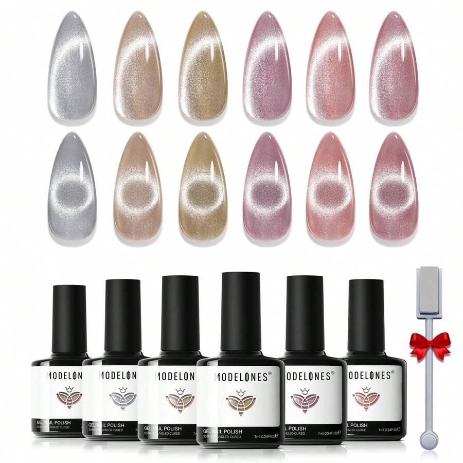 Modelones Cat Eye Gel Nail Polish Set, 6 Colors Holographic 9D Cat Eye Glitter Gel Polish Semi-Transparent Nude Pink Gray Brown Nail Gel Polish With Magnet Soak Off Led Nail Art Gel DIY Salon Gifts - 貓眼 - 查看 1