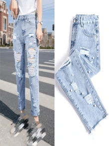 Mom jeans con perlas - Celeste - Ver 1