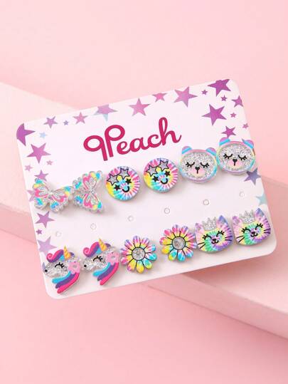 12pcs/Set Cartoon Unicorn, Crown, Cat, Butterfly Stud Earrings For Girls