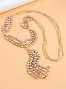 1 件复古风格优质珍珠多层流苏项链/毛衣链，长款优雅女士项链 - 流蘇 - 查看 3