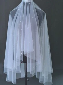 1 Stück minimalistische zweistufige Brautschleier mit Haarkamm, dünner, transparenter einfarbiger Perlenbesatz, geeignet für Hochzeitskleid Fotoshooting