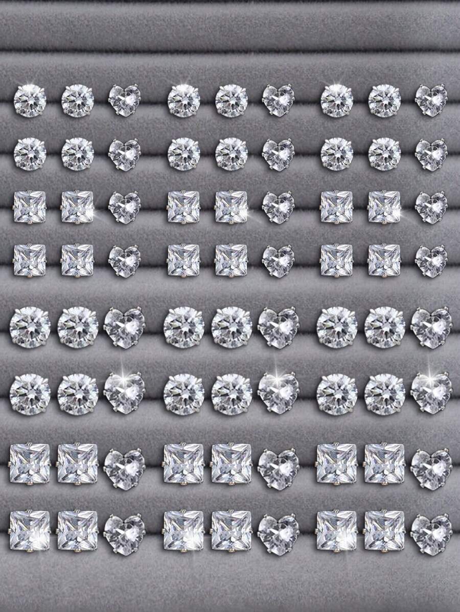 17KM 12/24/36 paires Ensemble de boucles d'oreilles clous en zirconium cubique pour hommes, port casual quotidien et cadeau - Argent - Voir 1