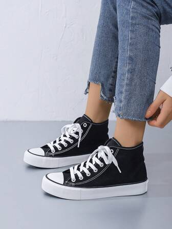 Unisex Simple Fashion Flat Basic Black & White Canvas High Top Shoes, Spring/Autumn Versatile Shoes For Women