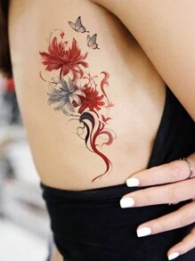 1 张大尺寸人体艺术临时纹身贴纸，适用于女性或男性，红花蓝灰色蝴蝶图案，防水假纹身，持续 2-5 天，遮盖疤痕，可用于手臂手腕肩膀腿腰颈手胸部大腿手指脚踝，适用于派对、礼物、度假、身体装饰