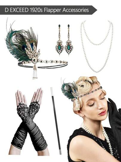 D EXCEED 3/4/5/6PCS 盖茨比女士 1920 年代头饰配饰仿羽毛头带仿珍珠项链耳环手套配饰套装派对舞会套装表演服装配饰单件派对舞会配饰宴会派对服装配饰