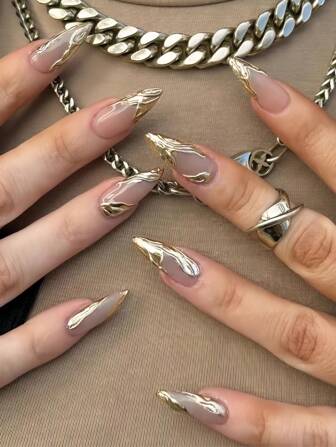 24片装杏仁形按压式指甲，简约3D金色设计，含果冻胶和指甲锉。适合所有女士，为日常装扮增添魅力。美甲用品