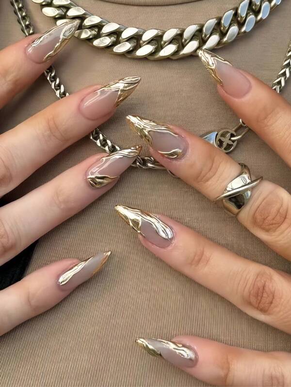 24 uñas postizas con forma de almendra con diseño minimalista 3D dorado, incluye gel de gelatina y lima de uñas. Adecuado para todas las damas, agrega encanto a los atuendos diarios. Suministros de uñas