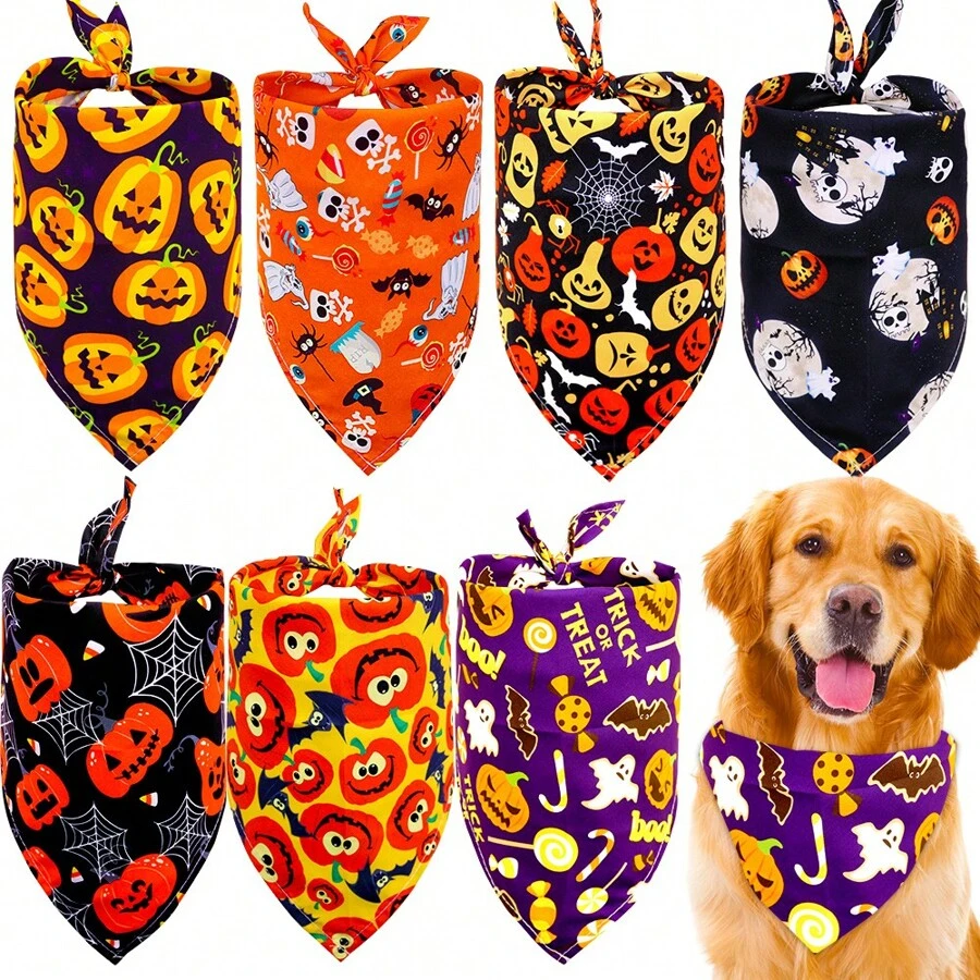 Random 6 Pieces Halloween Dog Bandana For Dogs Halloween Dog Bib Triangle, Dog Bandana Skull Pumpkin Adjustable Washable Pet Scarf For Dogs And Cats - Multicolor - View 1