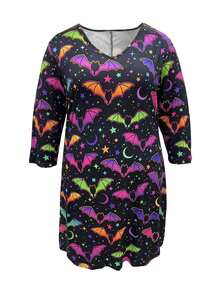 Plus Size Stylish Halloween Themed Printed Dress - Black - View 2