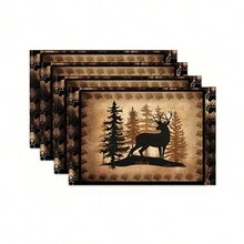 4 件乡村野生动物图案餐垫，带有鹿、狼、熊图案，涤纶隔热桌垫，适用于家庭和节日活动 - 棕色 - 查看 12