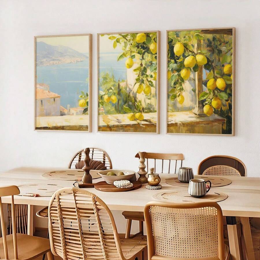 3 piezas Impresiones de arte de pared vintage rústico con limones de Amalfi, impresiones de arte de paisaje de Italia, póster de lienzo de Amalfi, decoración rústica estética, regalo ideal para dormitorio, sala de estar, cocina, pasillo, arte de pared, decoración de pared, decoración de verano, decoración de habitación, sin marco - Amarillo - Ver 1