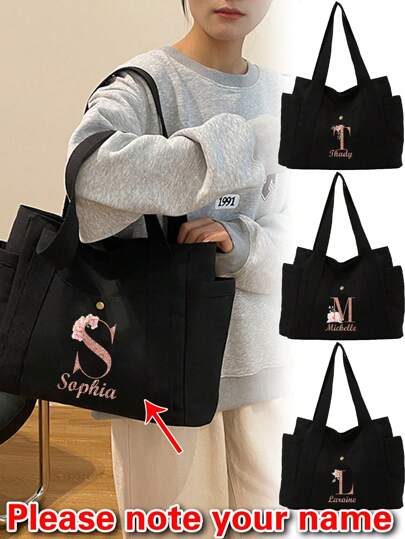 1pc Customized Shoulder Tote Bags A To Z Initials Gold Letter Pattern Canvas Shopping Bag Personal Tailor Women's Large Capacity Organizer Shoulder Bags Grocery Handbags Personalized Reusable Storage Bag Custom Name Pattern Commute Canvas Bag Travel Picnic Bag Beach Ba