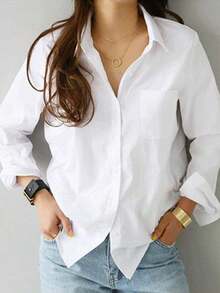 Camisa francesa con hombros caídos, botones y bolsillos  Camisa de manga larga básica de color sólido de nueva temporada de primavera, estilo profesional, ajustada y que adelgaza, con cuello vuelto - Blanco - Ver 5