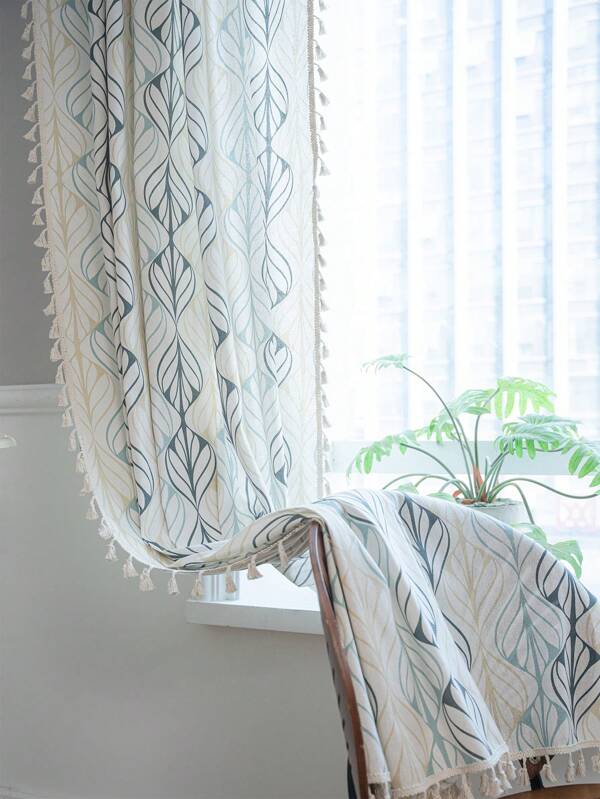 Bubaba 1pc Multi-Color Leaf Print Blackout Curtain,Boho Country Beige Tassel Decoration Window Curtain, Suitable For Holiday Celebration, Living Room, Bedroom, Kitchen, All Seasons