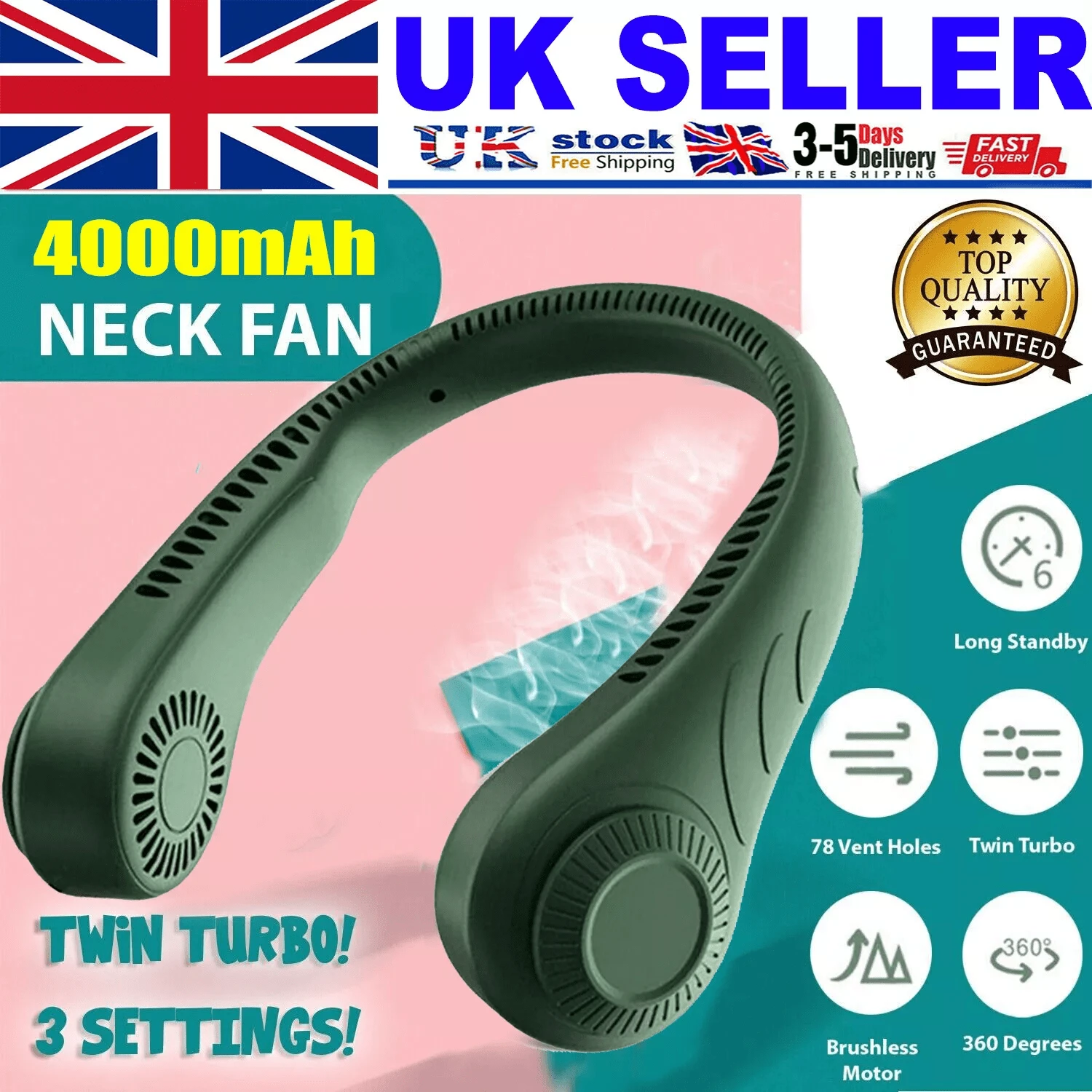 Mini Fan Neckband Bladeless Lazy Neck Hanging Cooler USB Rechargeable Portable - porous green 4000mah - View 1