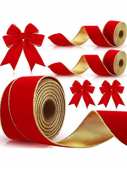 1 Roll Red Velvet Christmas Wired Ribbon 2.5 Inch Wide*2M Red And Gold Double Sided Velvet Ribbon For Christmas Tree Wreaths Gift Wrapping Bows Gralands Home Decor Crafts Birthday