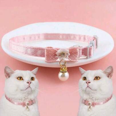 1 pieza Collar ajustable para mascotas de poliéster con decoración de perlas, adecuado para gatos y perros de mascota a la moda
