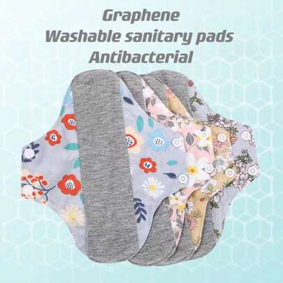 5 件装可重复使用卫生巾，适用于大流量女性的石墨烯卫生巾，带护翼大号卫生巾套装，可洗隔夜布护垫，月经垫