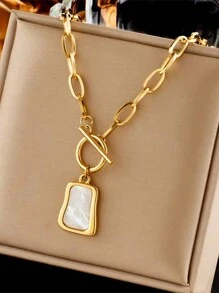 1pc Luxurious Stainless Steel Minimalist Retro Shell Pendant Necklace For Women, Short Style Sweater Chain, Block Shaped, Non-Fading Neck Accessory