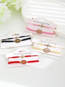 2pcs Set Of Handmade Woven Bracelets With Rhinestone Cross And Virgin Mary Charm, Suitable For Daily Wear And  Occasions - Multicolor - View 2