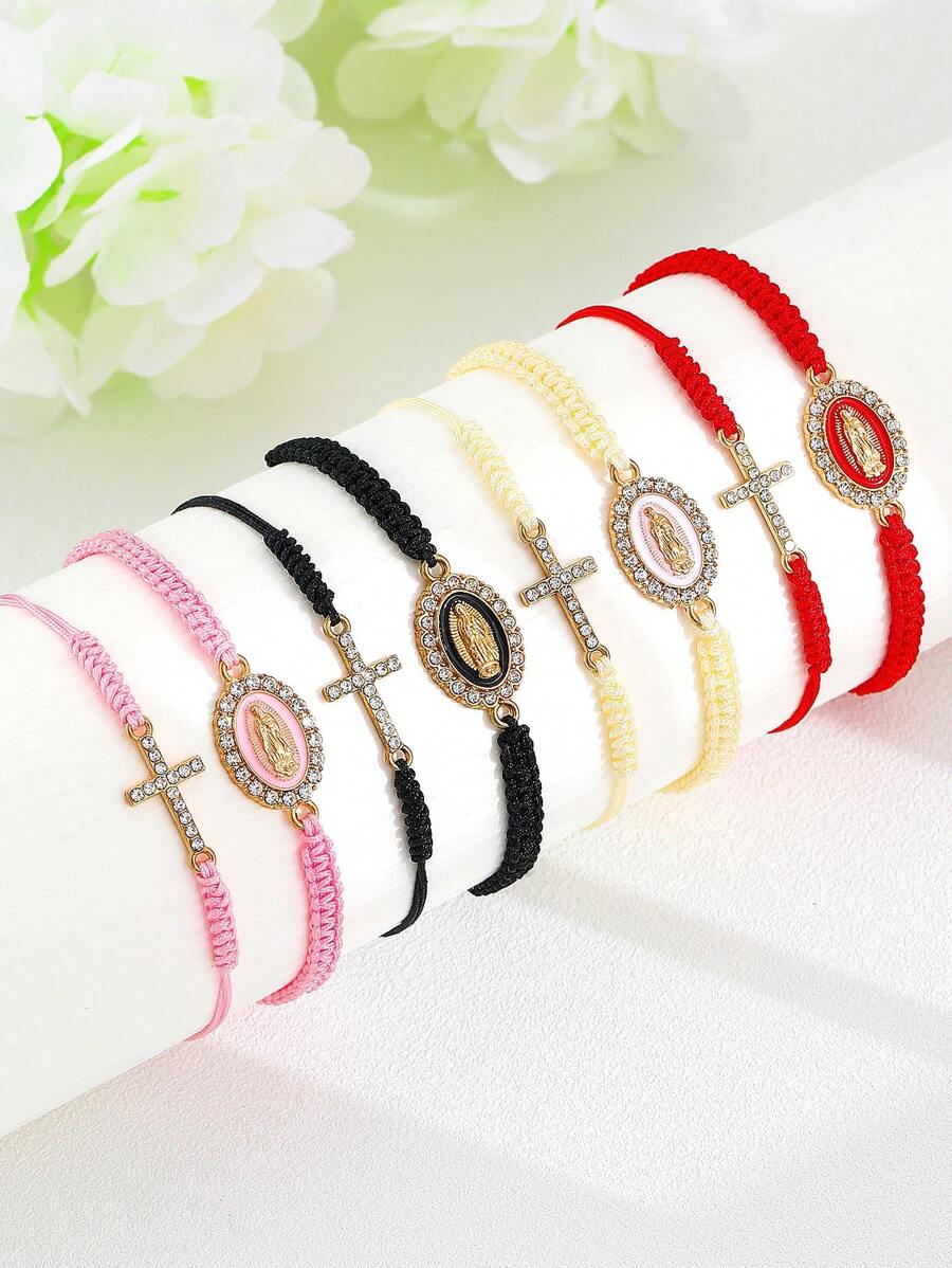 2pcs Set Of Handmade Woven Bracelets With Rhinestone Cross And Virgin Mary Charm, Suitable For Daily Wear And  Occasions - Multicolor - View 1