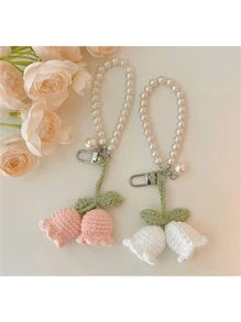 1pc Handmade White/Pink Woven Flower Backpack/Bookbag/Purse Pendant, Faux Pearl Decorated Bracelet / Keychain / Keyring, Crochet Flower Trinket In Summer Keychain Charms Lanyard For Keys Keychain Wristlet Gifts For Women Valentines