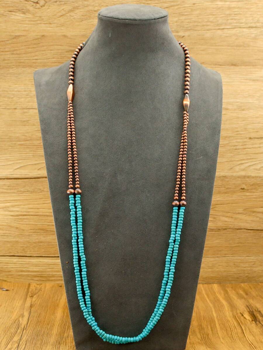 1pc Vintage Copper-Tone Western Country Style Pearl & Turquoise Long Necklace, Bohemian Accessory, Wilderness Necklace, Double-Layer Turquoise Pendant, Fashionable Women's Jewelry, Suitable For Daily Wear Or Gift - Blue - View 1