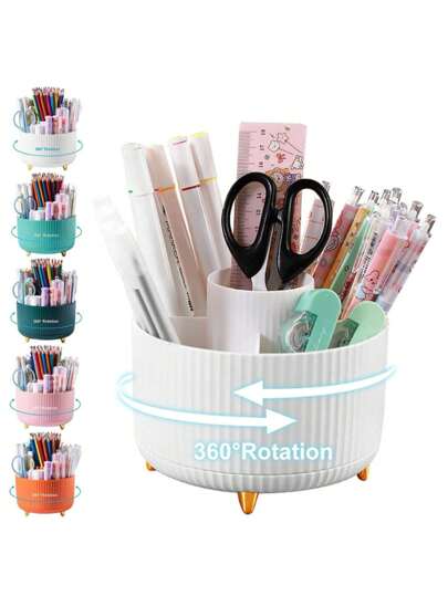1pc 5 Slots 360 Degree Rotating Pen Holder Storage Bucket, Pencil Holder For Desk, Desk Organizers And Accessories, Desktop Storage Stationery Supplies Organizer, Cute Pencil Cup Pot For Office, School, Home Back To School,Back To School,School Supplies,Pencil Case,Pencil Pouch,School Bag