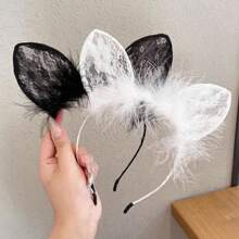 1pc Black Lace Feather Cat Ear Headband, Sexy Party Performance Prop Headpiece - Multicolor - View 1