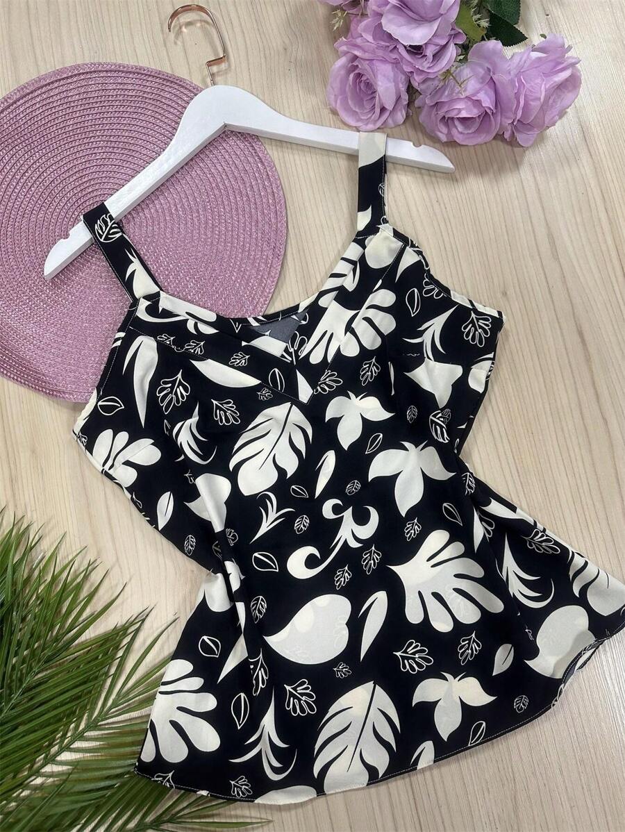 Beautiful Fashion Crepinho Fabric Printed Tank Top - 黑色 - 查看 1