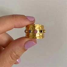 Aritio 1 pieza Anillo abierto decorado con circonita cúbica multicolor chapado en oro de 18K de acero inoxidable vintage, adecuado para uso diario y como regalo de boda para mujer - Amarillo Oro - Ver 7