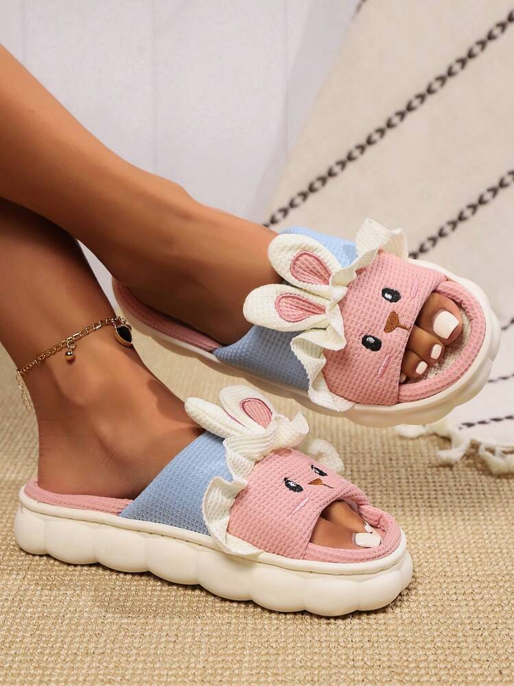 Women s Cute Bunny Ear Linen Slippers Soft Bottom Casual Comfy Indoor Home Slippers Runs Small Pink