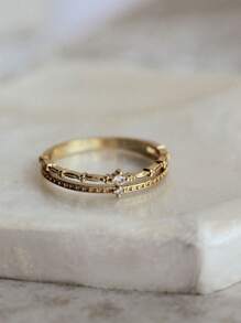 1 件银方晶锆石戒指，简约 2 层拇指/食指戒指，时尚女士珠宝 - 金黃色 - 查看 4