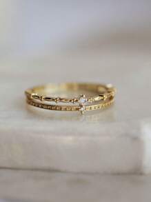 1 件银方晶锆石戒指，简约 2 层拇指/食指戒指，时尚女士珠宝 - 金黃色 - 查看 3