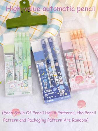 5pcs/Set Kawaii Automatic Pencils 4pcs + Refills 1box 0.5mm With Eraser, Cartoon Pattern, Student Stationery, School & Office Supplies (Random Pattern) Back To School