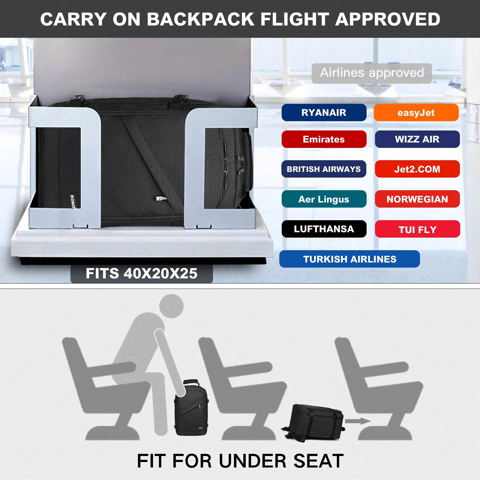 Lightweight Cabin Bag 40x20x25cm Underseat Travel Backpack Waterproof Large Capacity 20L Carry-On For Men And Women