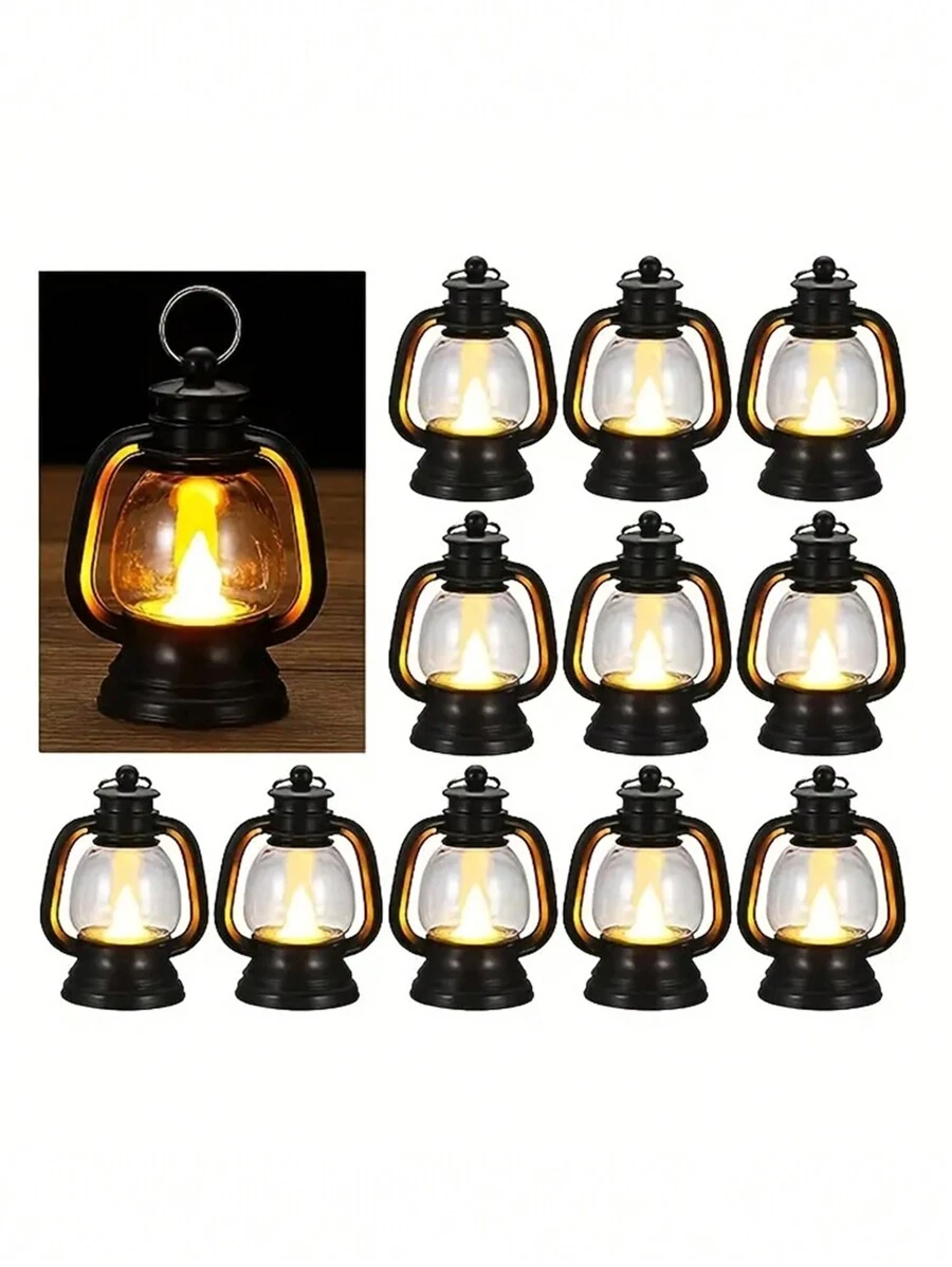 1pc/12pcs Mini Lanterns With Twinkling LED Candles 4-Inch Retro Candle Lantern Decoration, Black, Suitable For Halloween, Western Parties And Christmas Tree Decoration
