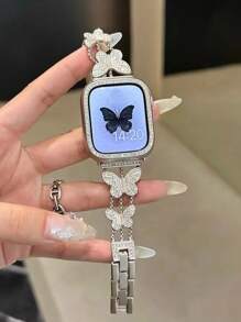 1pc Women's Starry Sky Color Crystal Butterfly Decorated Metal Apple Watch Band, 38/40/41/42/44/45/49mm Compatible With Apple Watch Series Ultra/SE/S9/S8/S7/S6/S5/S4/S3/S2/S1, All Season Stylish