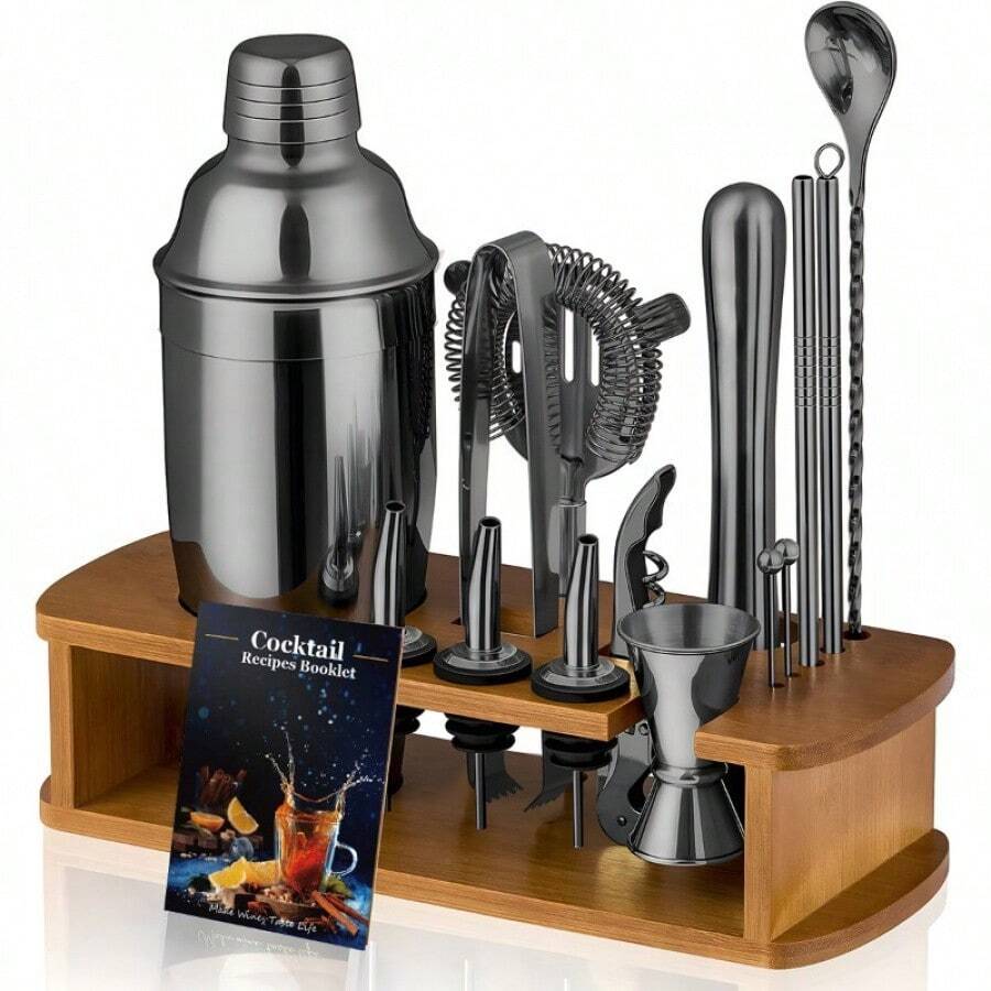 15 件套天然鸡尾酒调酒师套装，带立式饮料搅拌机酒吧套装，包括所有必备酒吧工具 - 马提尼调酒器、过滤器、捣碎器、勺子、量酒器、750 毫升/25.36 盎司瓶子和 2 种颜色 - 黑色/银色 - 黑色 - 查看 1
