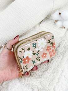 植物图案花朵图案双拉链钱包多功能零钱包字母图案卡夹多卡位卡片收纳盒信用卡学校用品宿舍钱包女士小钱包钱包小钱包 - 彩色 - 查看 3