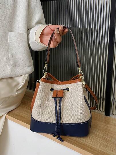 Fashionable And Elegant Contrast Color Drawstring Bucket Bag, Lightweight Shoulder Bag Suitable For Work, Travel And Commute