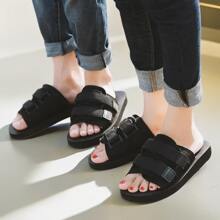 Men's Fashionable Hook Buckle Canvas Slip-On Adjustable Slippers, Casual Couple Beach Sandals For Indoor/Outdoor Wear