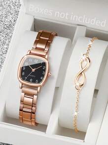 2pcs/Set Women's Casual Steel Strap Quartz Wrist Watch With Square Dial & 8-Shaped Bracelet