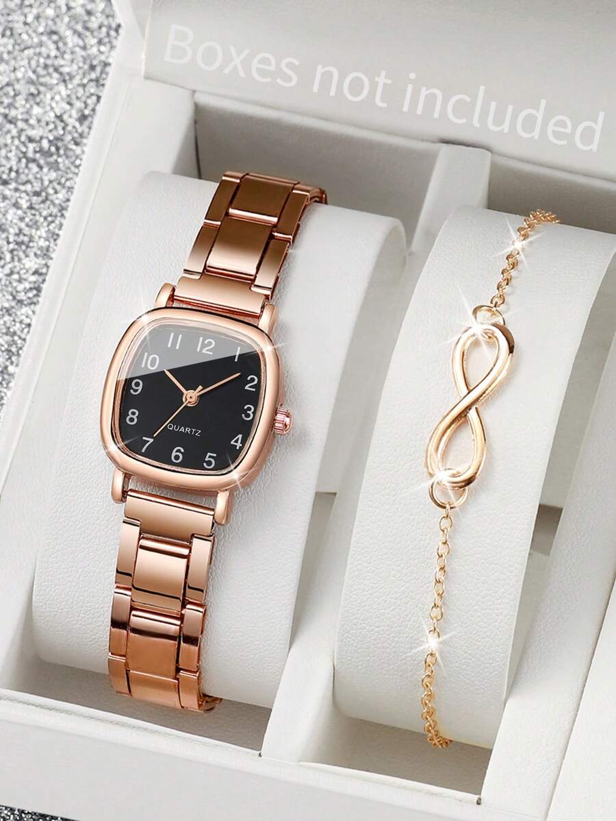 2pcs/Set Women's Casual Steel Strap Quartz Wrist Watch With Square Dial & 8-Shaped Bracelet