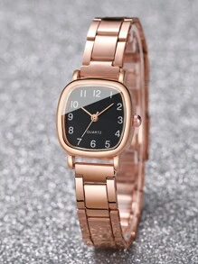2pcs/Set Women's Casual Steel Strap Quartz Wrist Watch With Square Dial & 8-Shaped Bracelet